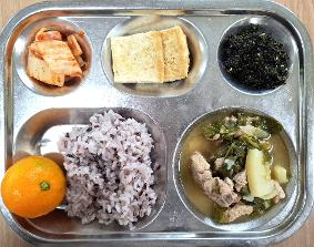 12.19. 흑미밥 감자탕 두부구이 건파래볶음 배추김치 귤